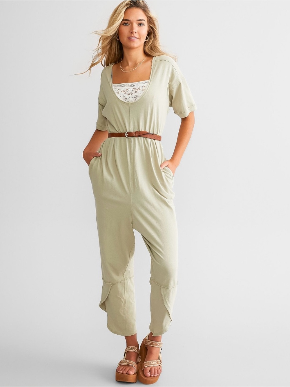 Free People Good Side Moss Green Relaxed Short-Sleeve Jumpsuit